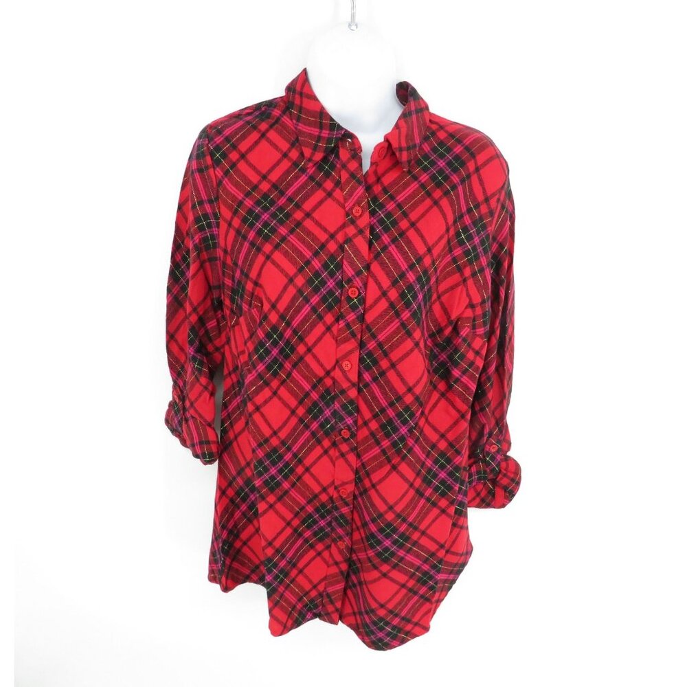 Kim Rogers Women's Black Red Plaid Button-Up Shirt Size Small NWT $48
